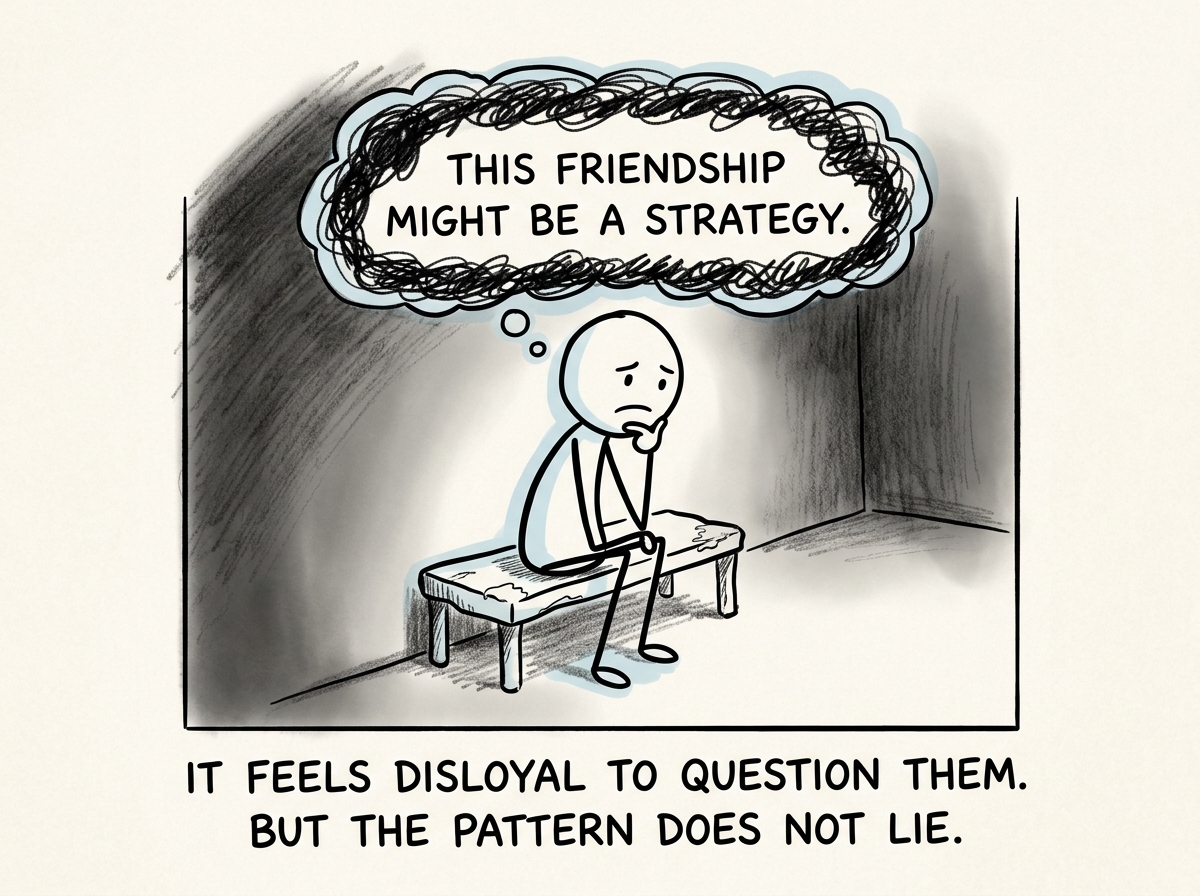 The stick figure trusting their instinct, sitting with the uncomfortable thought: 'This friendship might be a strategy'