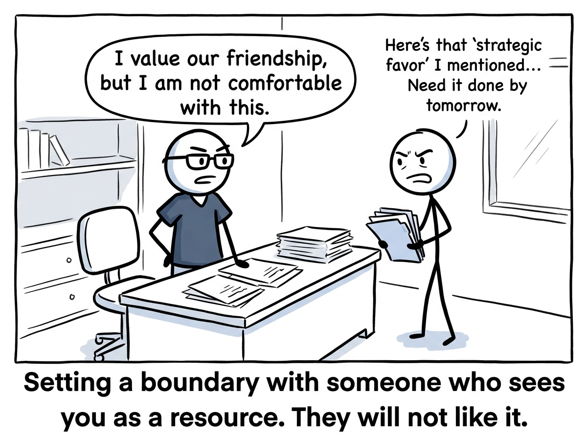 The stick figure saying 'I value our friendship, but I am not comfortable with this' when the next strategic favor arrives