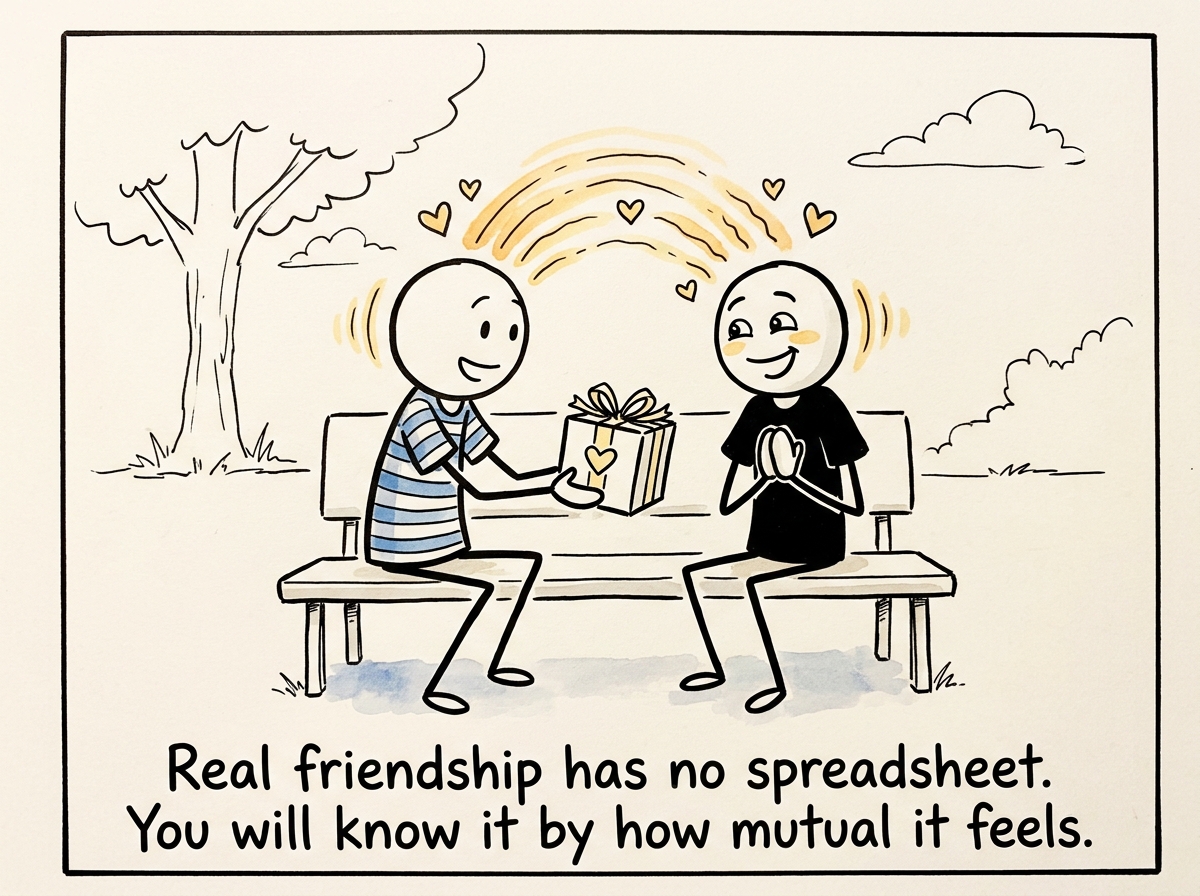 The stick figure investing in relationships where both people give freely, no ledger in sight, warmth flowing in both directions
