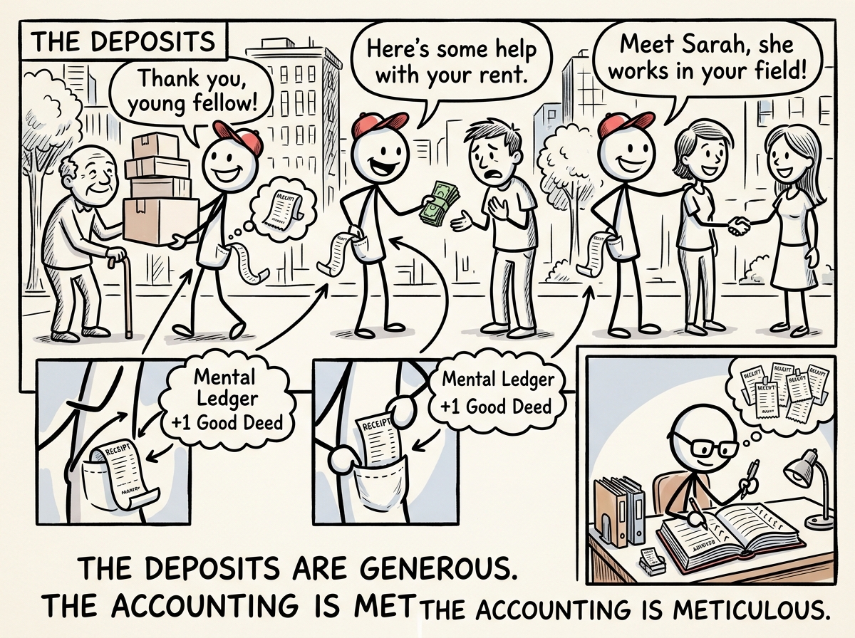 A stick figure cheerfully helping multiple people — carrying boxes, lending money, introducing contacts. Each act of generosity has a tiny receipt printing out that the helper secretly pockets. The recipients are grateful and unsuspecting