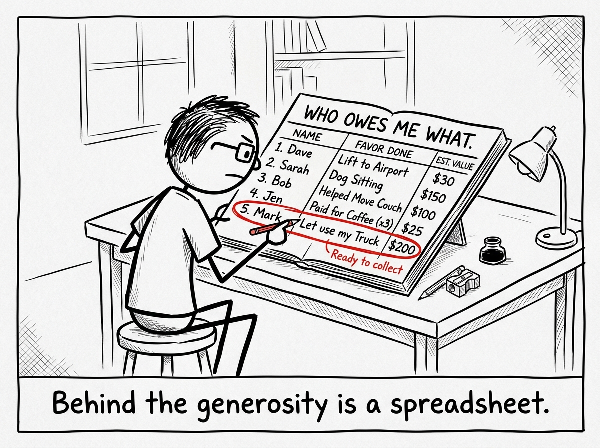 The same figure sitting at a desk reviewing a ledger titled 'Who Owes Me What.' Each entry has a name, a favor done, and an estimated value. One entry is circled in red with a note: 'Ready to collect'