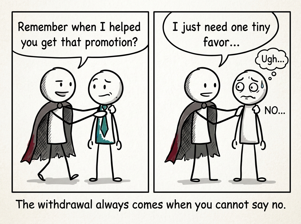 The figure approaching someone from the ledger, arm around their shoulder, saying 'Remember when I helped you get that promotion? I just need one tiny favor...' The other person's face shows they want to say no but feel trapped by guilt