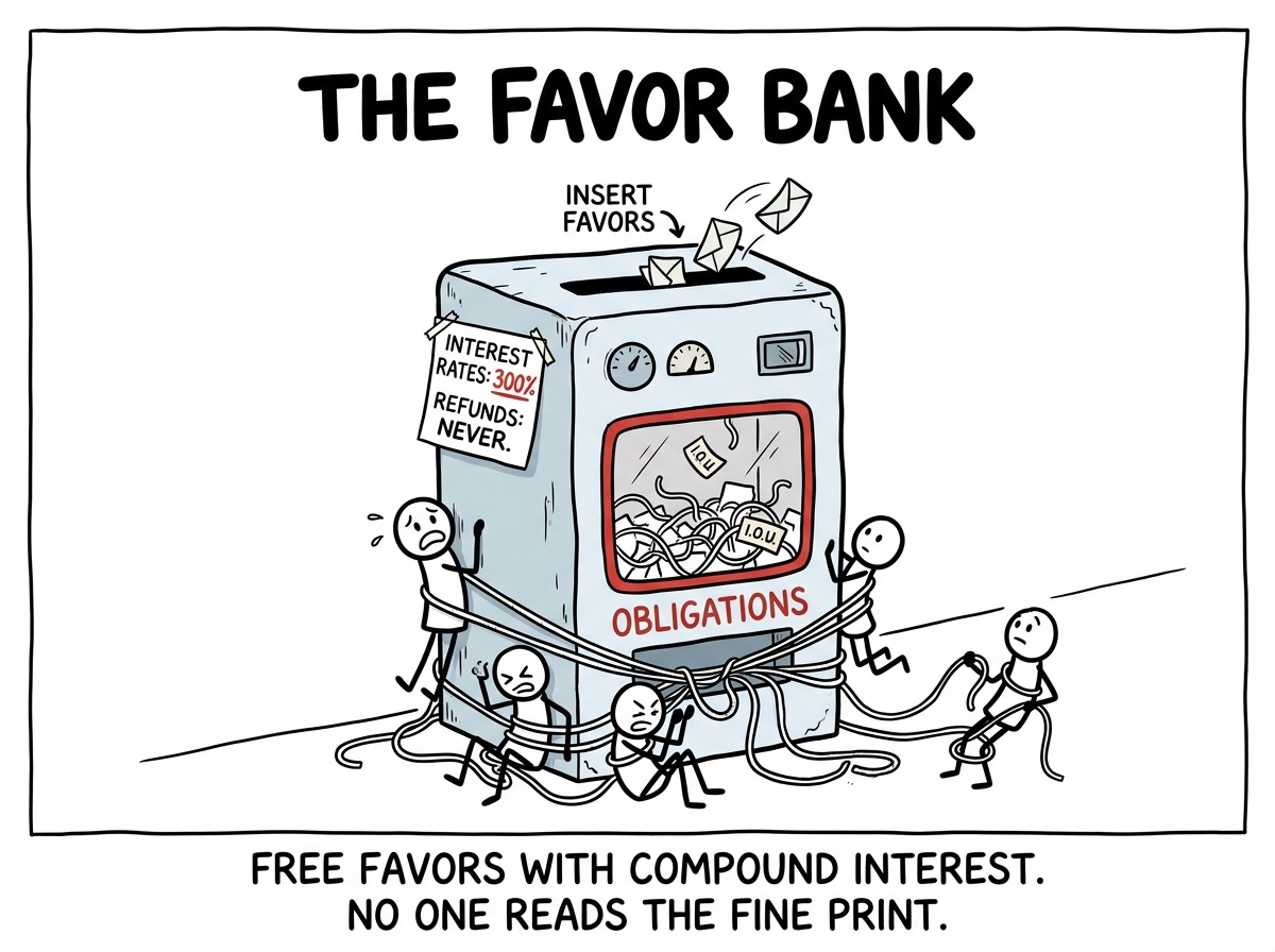 A vending machine labeled 'The Favor Bank.' You insert favors at the top and obligations come out at the bottom. A small sign reads 'Interest rates: 300%. Refunds: never.' Several people are stuck to the machine with strings