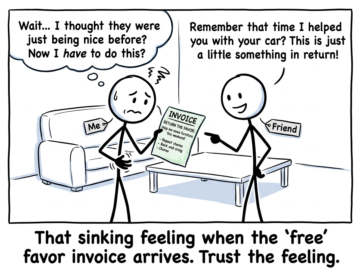 A stick figure feeling trapped when asked to return a favor, recognizing the queasy feeling of obligation disguised as friendship