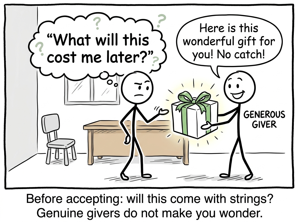 The stick figure pausing before accepting the next generous offer, asking themselves 'What will this cost me later?'