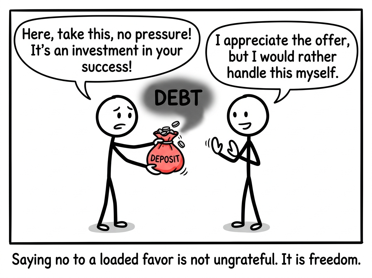 The stick figure saying 'I appreciate the offer, but I would rather handle this myself' — declining the deposit before it becomes a debt