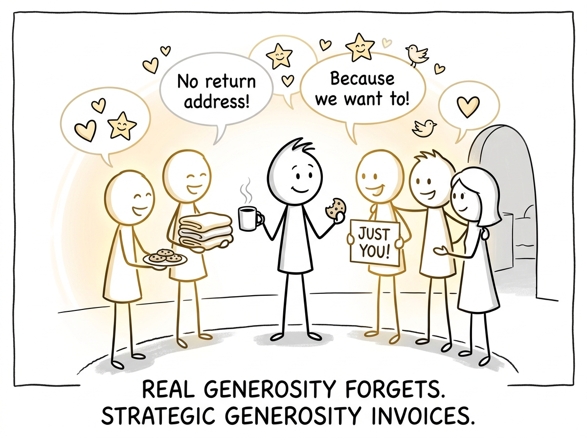 The stick figure surrounded by people whose generosity feels light and easy — no ledger, no guilt, no hidden withdrawal date