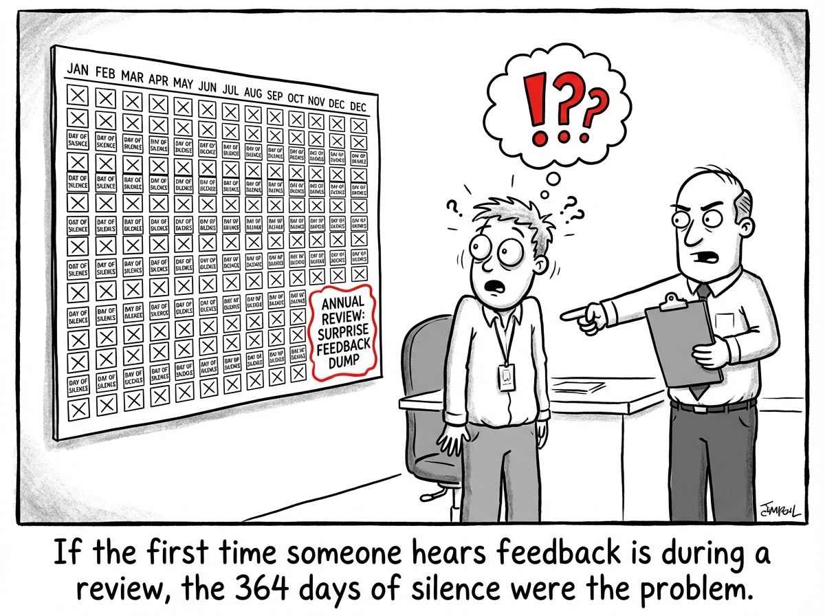 A calendar showing 364 days of silence followed by one day labeled 'Annual Review: surprise feedback dump.' An employee looks blindsided.