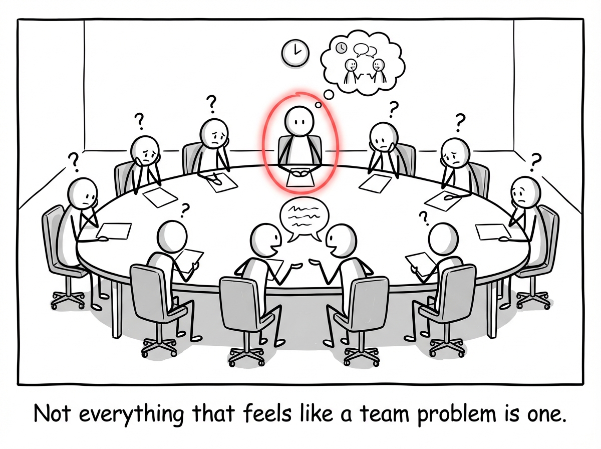 A meeting room with 12 stick figures seated around a table. One person is highlighted. The actual issue required a 10-minute conversation between two people. The other 10 sit silently.