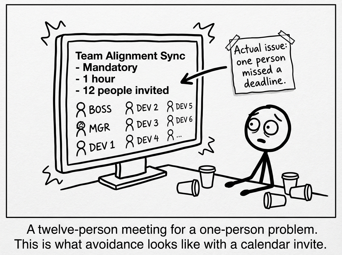A calendar invite on a screen: 'Team Alignment Sync -- Mandatory -- 1 hour -- 12 people invited.' A small note visible only to the viewer reads: 'Actual issue: one person missed a deadline.'