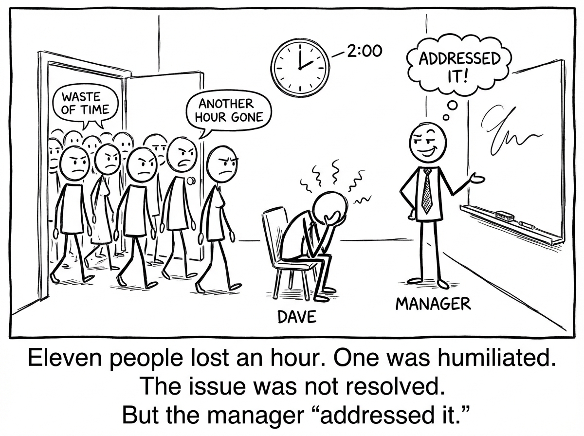 The meeting ends. Everyone files out. Eleven people are annoyed about the wasted hour. Dave feels publicly shamed. The actual issue remains unresolved. The manager feels like they 'addressed it.'