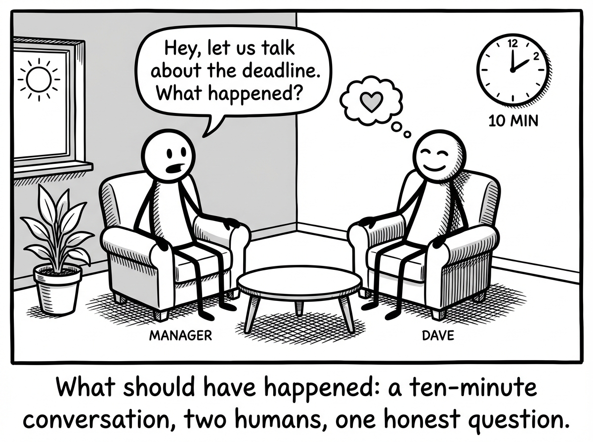 What should have happened: the manager and Dave sitting across from each other in a private ten-minute conversation. The manager says 'Hey, let us talk about the deadline. What happened?' Dave looks relieved to be treated like a human. A clock shows 10 minutes.