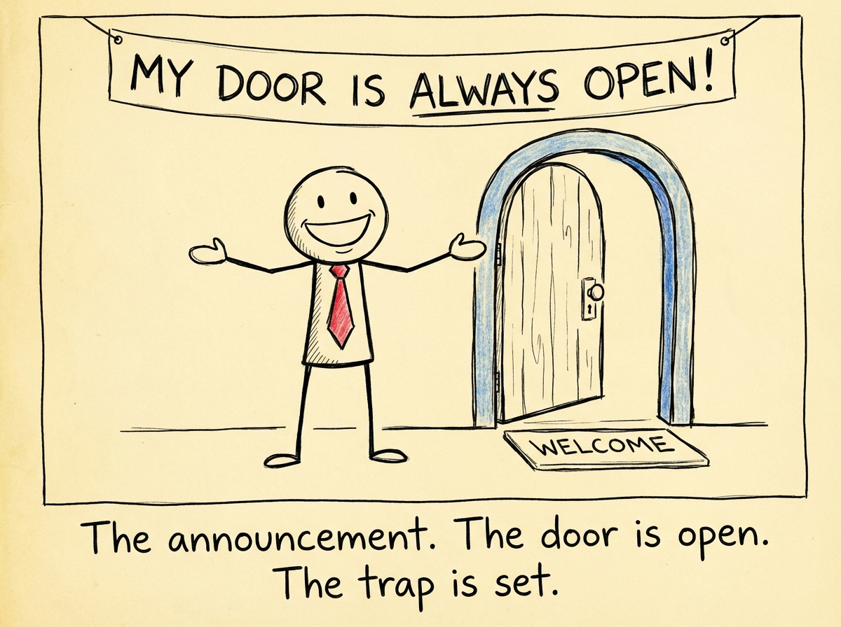 A manager standing proudly next to an open office door, arms wide, with a bright smile. A banner above reads 'My Door Is Always Open!' The door is literally wide open. It looks inviting.