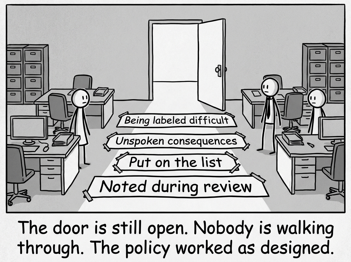 The open door now has clearly visible invisible barriers across the threshold: 'Being labeled difficult,' 'Unspoken consequences,' 'Put on the list,' 'Noted during review.' The door is still technically open. Nobody is walking through.