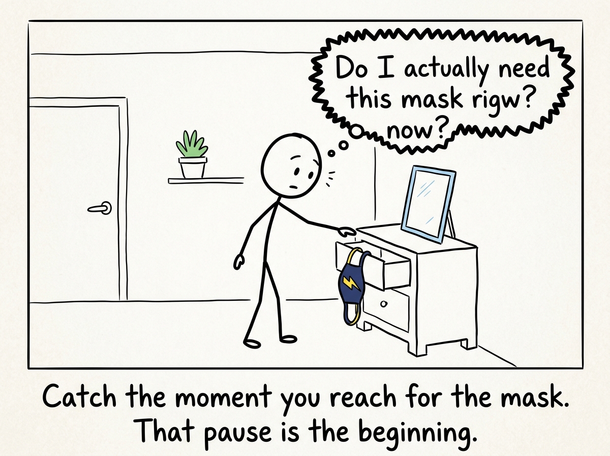 A stick figure reaching for a costume and pausing, noticing the automatic habit, asking 'Do I actually need this mask right now?'