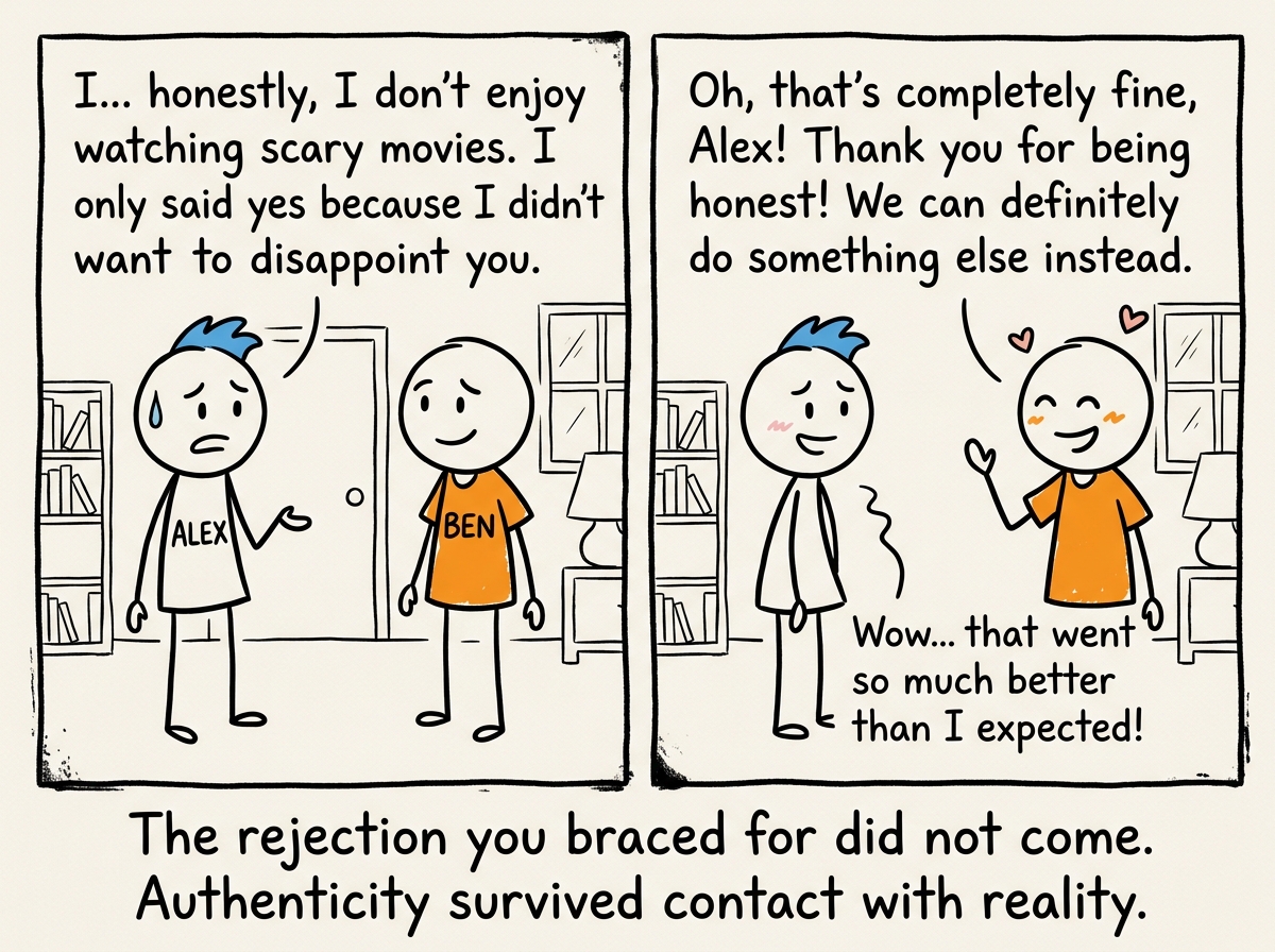The other person responding normally, even warmly, to the honest version, no catastrophe occurring