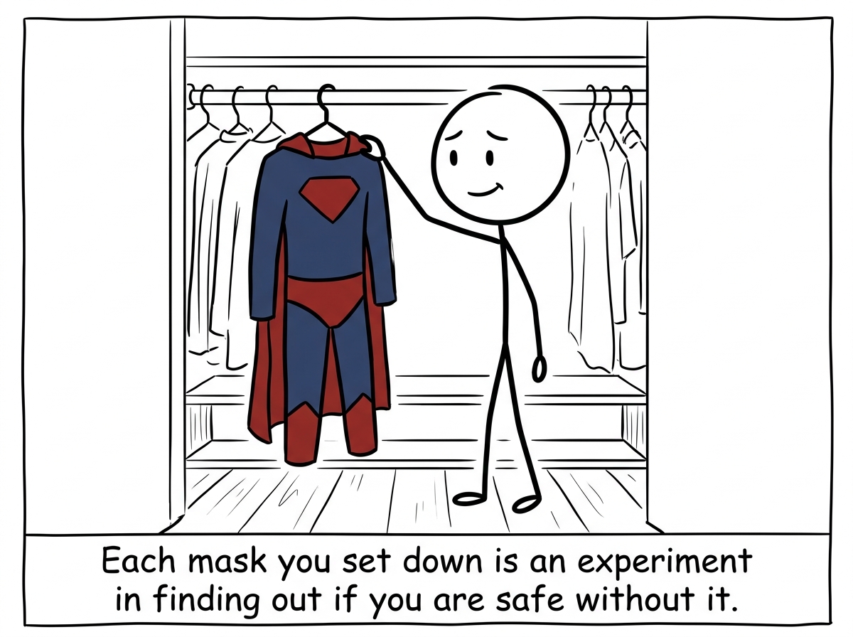 The stick figure hanging one costume back in the closet unused, face visible and real, looking lighter