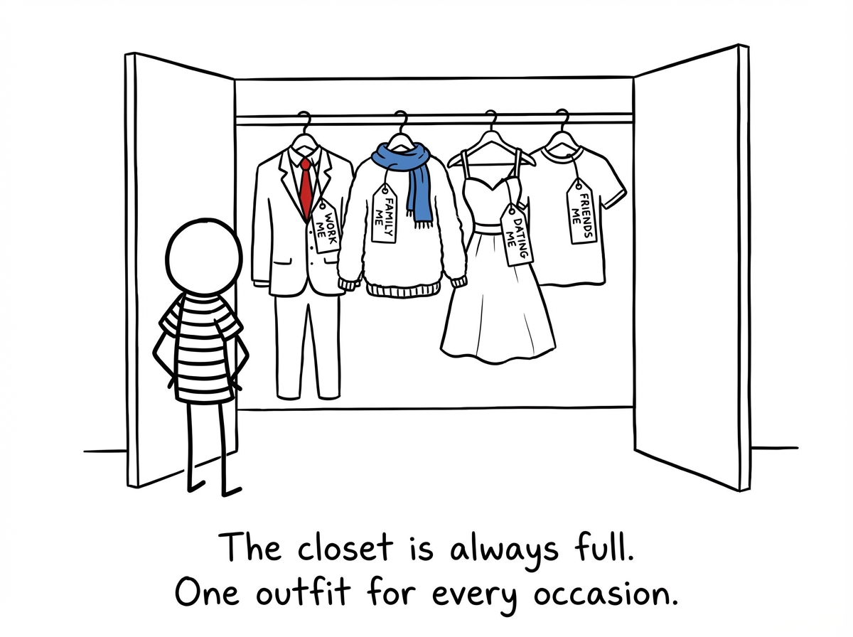 A stick figure standing in front of a large open closet filled with costumes on hangers, each labeled -- 'Work Me,' 'Family Me,' 'Dating Me,' 'Friends Me'