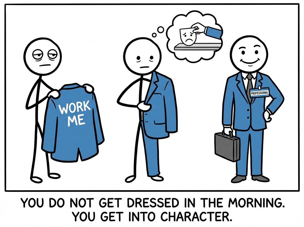The stick figure putting on the 'Work Me' costume, transforming into a confident, smiling professional while placing their real expression on a shelf