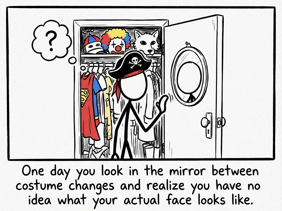 The stick figure reaching for yet another costume, but pausing to look in a small mirror on the closet door -- the reflection shows a completely blank face with no features