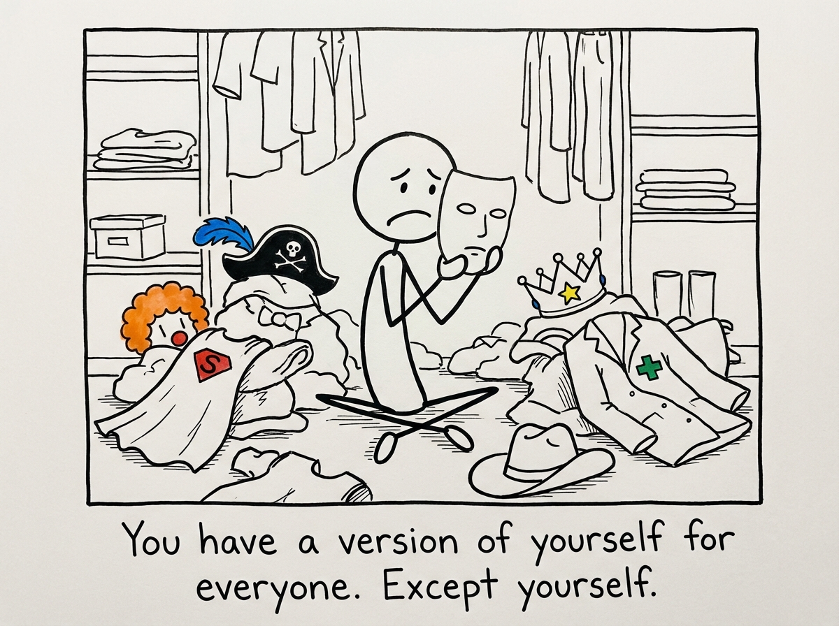 The stick figure sitting on the floor of the closet surrounded by all the costumes, holding up a blank mask and looking at it with a confused and sad expression