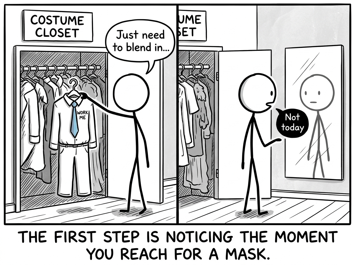 A stick figure standing in front of the costume closet reaching for the 'Work Me' outfit, then stopping. They look at their blank face in the mirror and whisper 'Not today'
