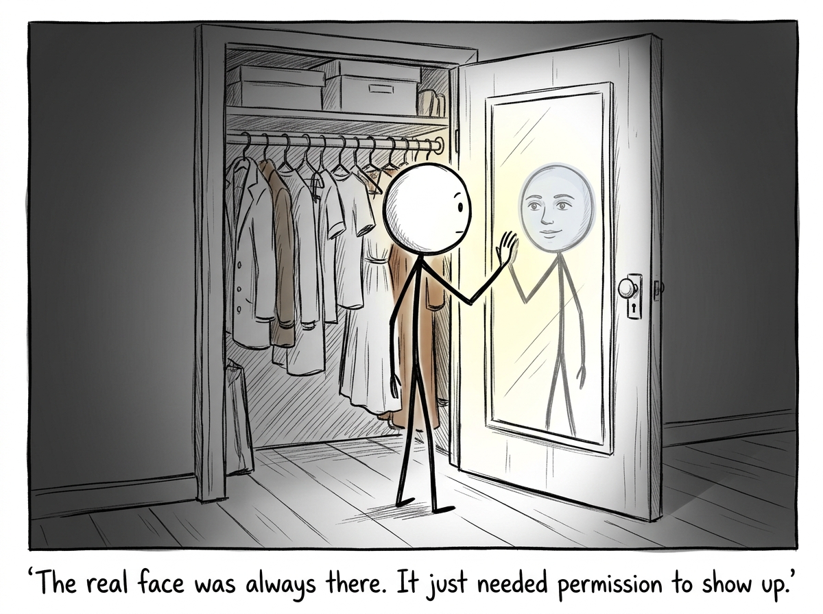 The stick figure looking in the closet mirror and seeing a faint but real outline of their own face forming for the first time. The costumes hang untouched behind them