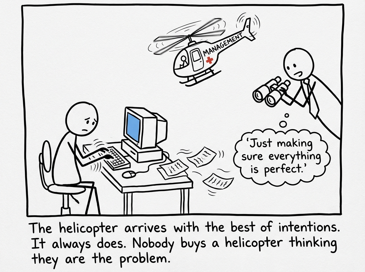 A stick figure sits at a desk with a computer, typing confidently. Above them, a tiny helicopter descends into frame with another stick figure -- the manager -- leaning out of it with binoculars aimed directly at the keyboard. The helicopter has a label on the side reading 'MANAGEMENT.' The employee has not noticed yet. Papers on the desk are beginning to flutter from the rotor wash. The manager's thought bubble reads 'Just making sure everything is perfect.'