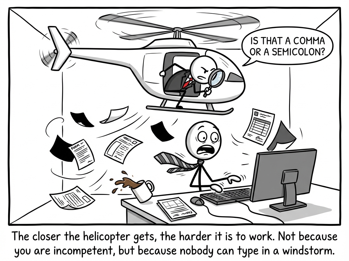 The helicopter is now directly above the desk, rotors at full speed. Papers are flying everywhere, the employee's coffee has tipped over, and the wind is so strong the employee's tie flies backward. The manager leans further out with a magnifying glass, examining individual letters on the screen, shouting 'IS THAT A COMMA OR A SEMICOLON?' over the rotor noise. The employee's hands hover frozen above the keyboard, eyes wide with paralysis.