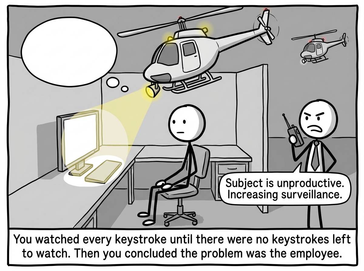 The employee has stopped typing entirely. They sit motionless, hands in their lap, staring blankly at the screen. The helicopter hovers inches above their head, casting a spotlight directly on the empty screen. The manager frowns and speaks into a radio: 'Subject is unproductive. Increasing surveillance.' A second, smaller helicopter is arriving in the background. The employee's thought bubble is completely empty -- a blank white space where thoughts used to be.