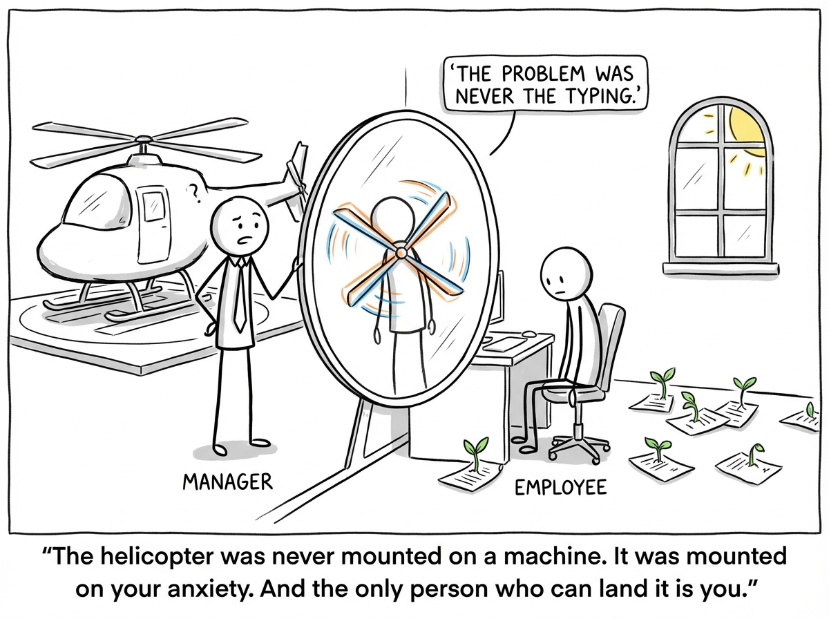 The manager has landed the helicopter and stepped out, looking confused and frustrated. The employee still sits motionless. Between them is a mirror, and in the reflection the manager can see that the helicopter rotors are actually attached to their own back -- they are the helicopter. A label on the mirror reads 'THE PROBLEM WAS NEVER THE TYPING.' The employee's desk has a small plant growing through the scattered papers, barely alive but reaching toward a window where there is no helicopter noise.