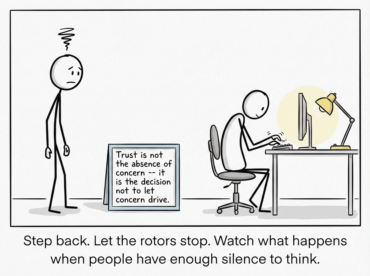 A stick figure manager standing at a respectful distance from an employee's desk, hands deliberately at their sides, visibly uncomfortable but allowing the employee space to work. The employee's fingers are moving on the keyboard again. A small sign between them reads 'Trust is not the absence of concern -- it is the decision not to let concern drive.'