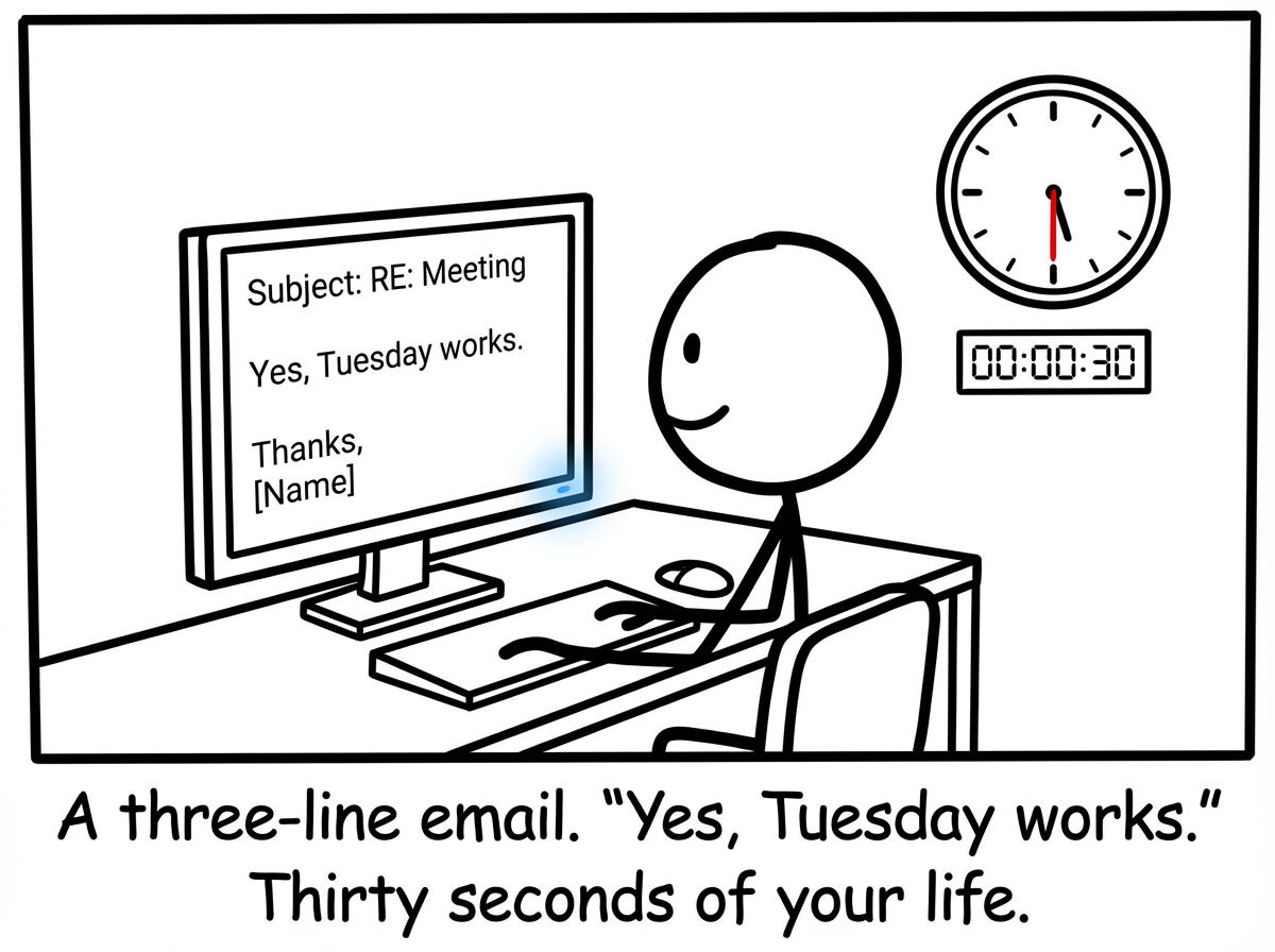 A stick figure typing a short three-line email on their computer, smiling, with a clock showing it has taken thirty seconds