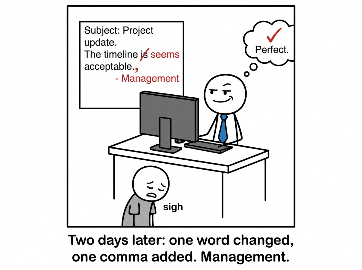 Two days later, the manager sends back the email with one word changed and a comma added, looking deeply satisfied with their contribution