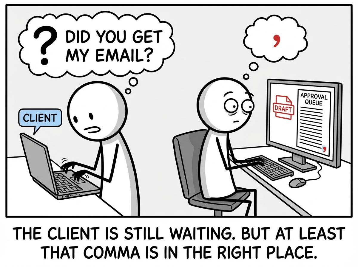 The client sending a confused follow-up asking 'Did you get my email?' while the stick figure stares helplessly at another draft waiting in the approval queue