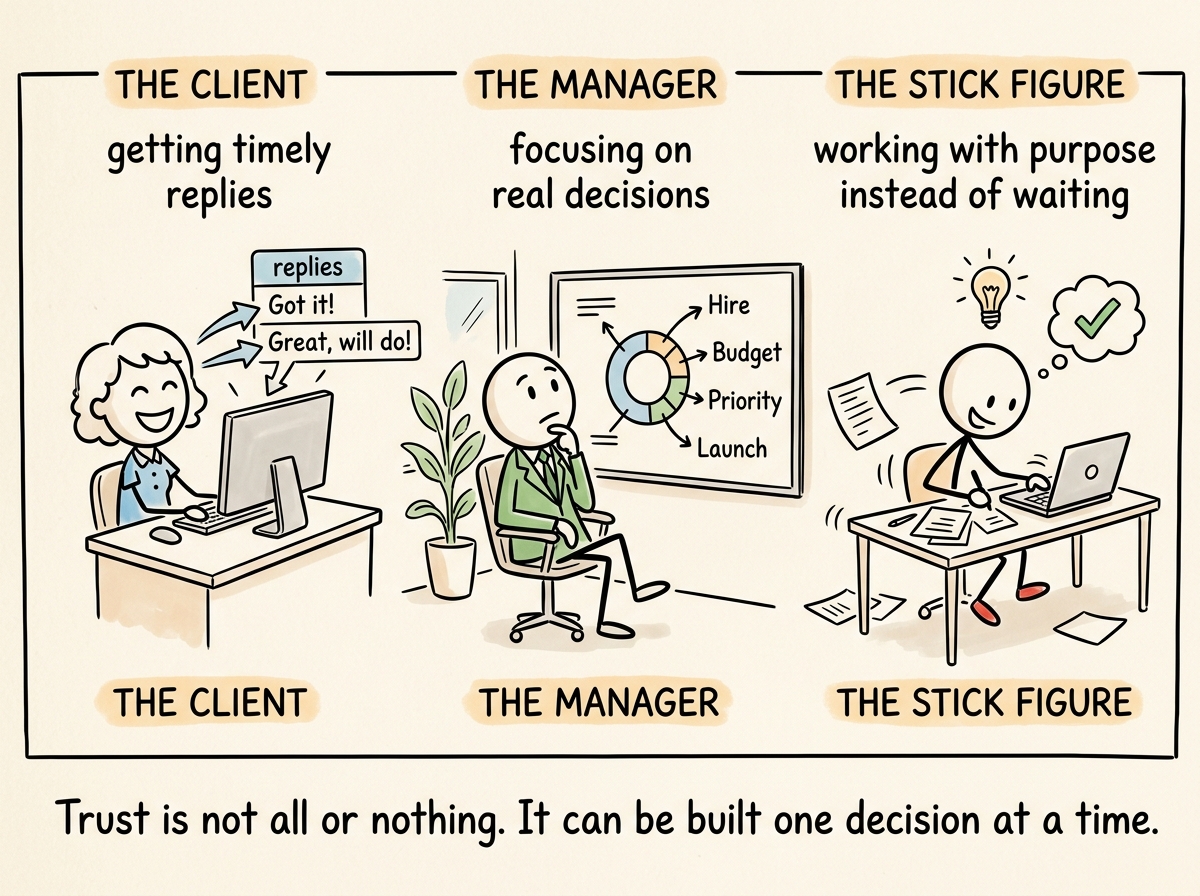 The client getting timely replies, the manager focusing on real decisions, and the stick figure working with purpose instead of waiting