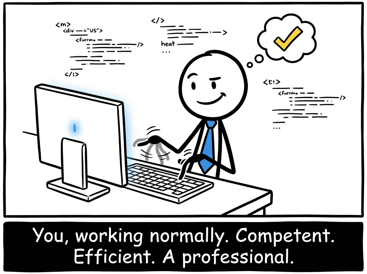 A stick figure working happily and efficiently at their computer, fingers flying across the keyboard, looking confident and relaxed
