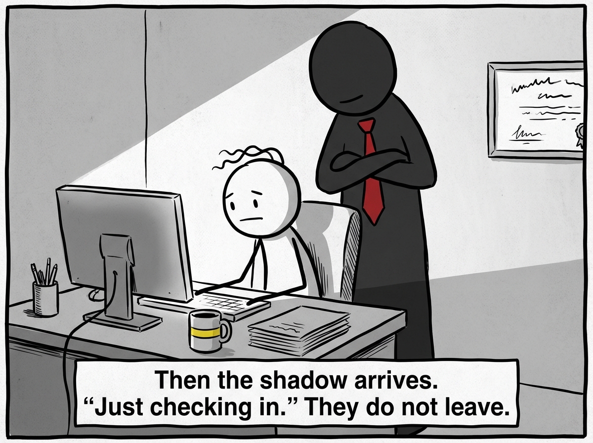 A shadow falling over the desk as the manager appears directly behind the stick figure, peering at their screen with arms crossed