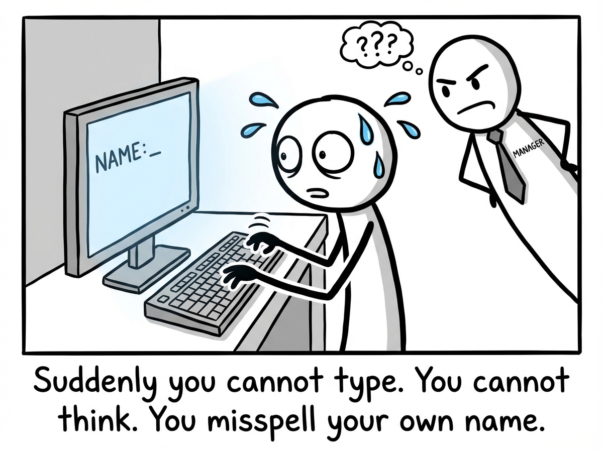 The stick figure completely frozen, fingers hovering over the keyboard, sweating, unable to remember how to spell their own name while the manager watches