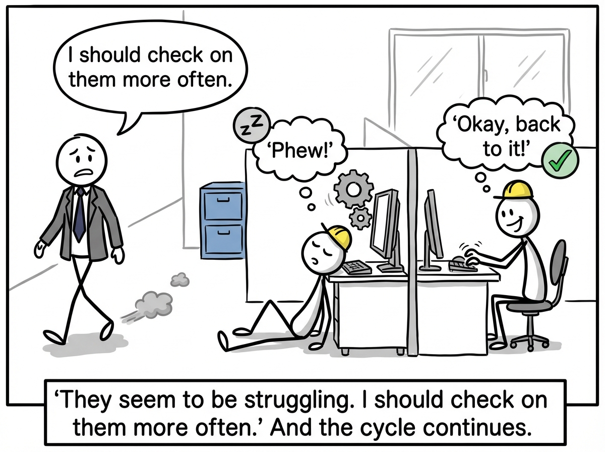 The manager walking away looking concerned, muttering 'I should check on them more often' while the stick figure collapses with relief and immediately starts working perfectly again