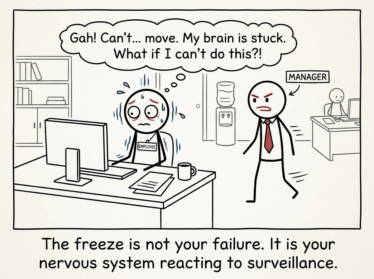 A stick figure feeling the freeze set in as their manager approaches, and recognizing it as a stress response rather than incompetence