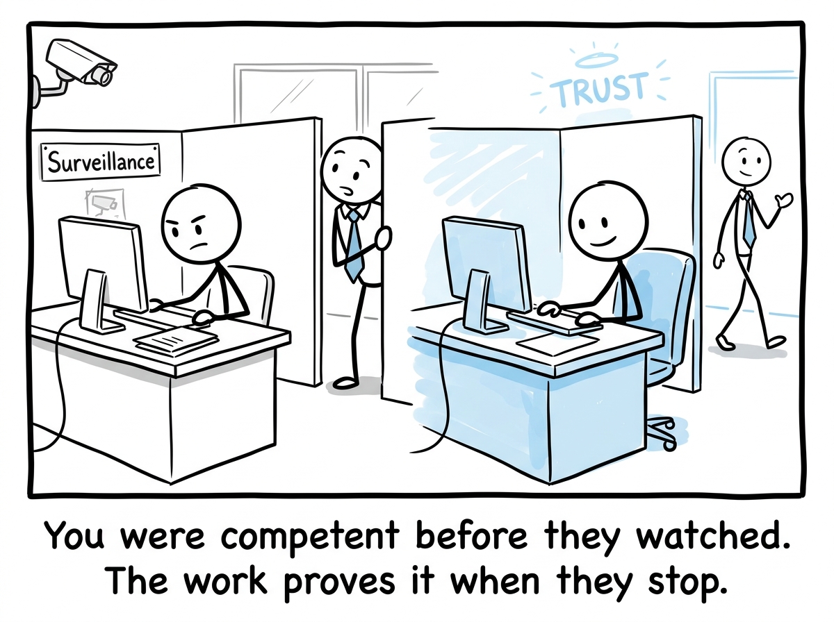 The stick figure working confidently at their desk, the manager checking in less frequently, trust slowly replacing surveillance