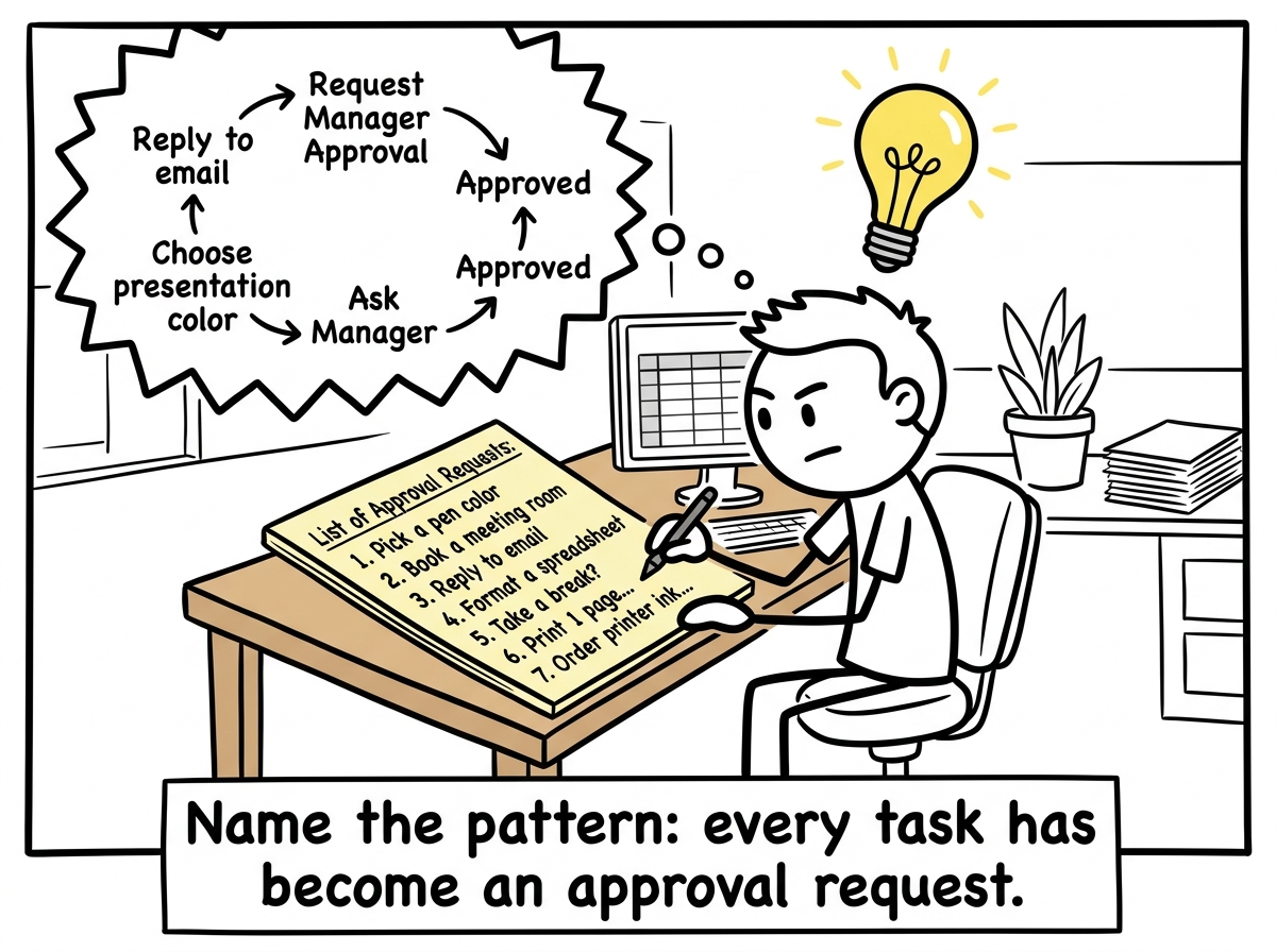 A stick figure at their desk recognizing a pattern -- every minor decision routed through their manager -- and writing it all down on a list