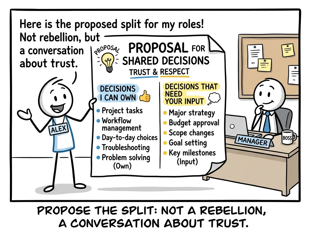 The stick figure preparing a proposal with two columns: 'Decisions I can own' and 'Decisions that need your input' to present to their manager