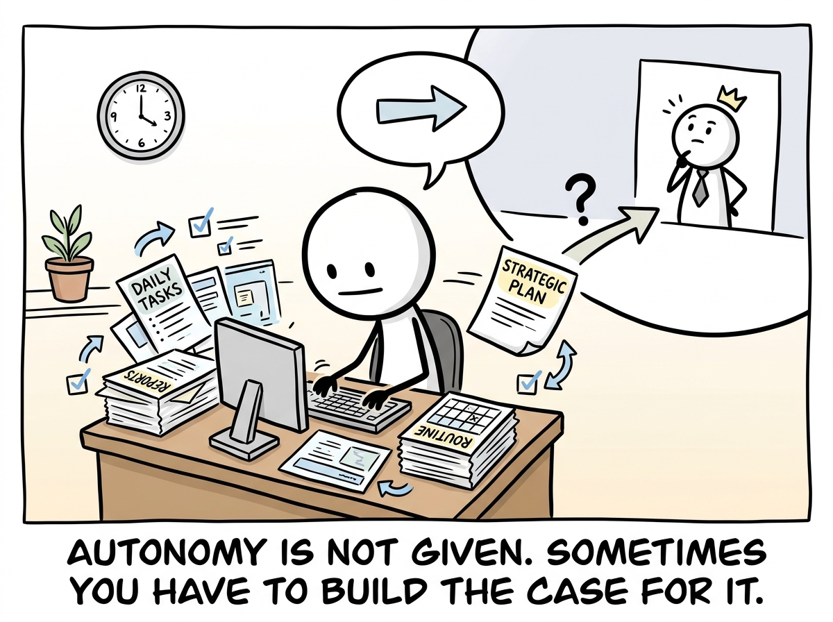 The stick figure working independently on routine tasks, checking in only on strategic decisions, looking focused and calm