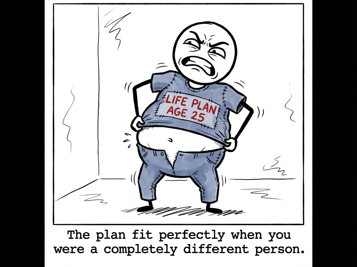 A stick figure standing in front of a mirror, enthusiastically squeezing into a shiny outfit labeled 'Life Plan: Age 25' -- the outfit has patches reading 'Career Track,' 'Marriage by 30,' and 'Corner Office' and the figure is grinning with confidence