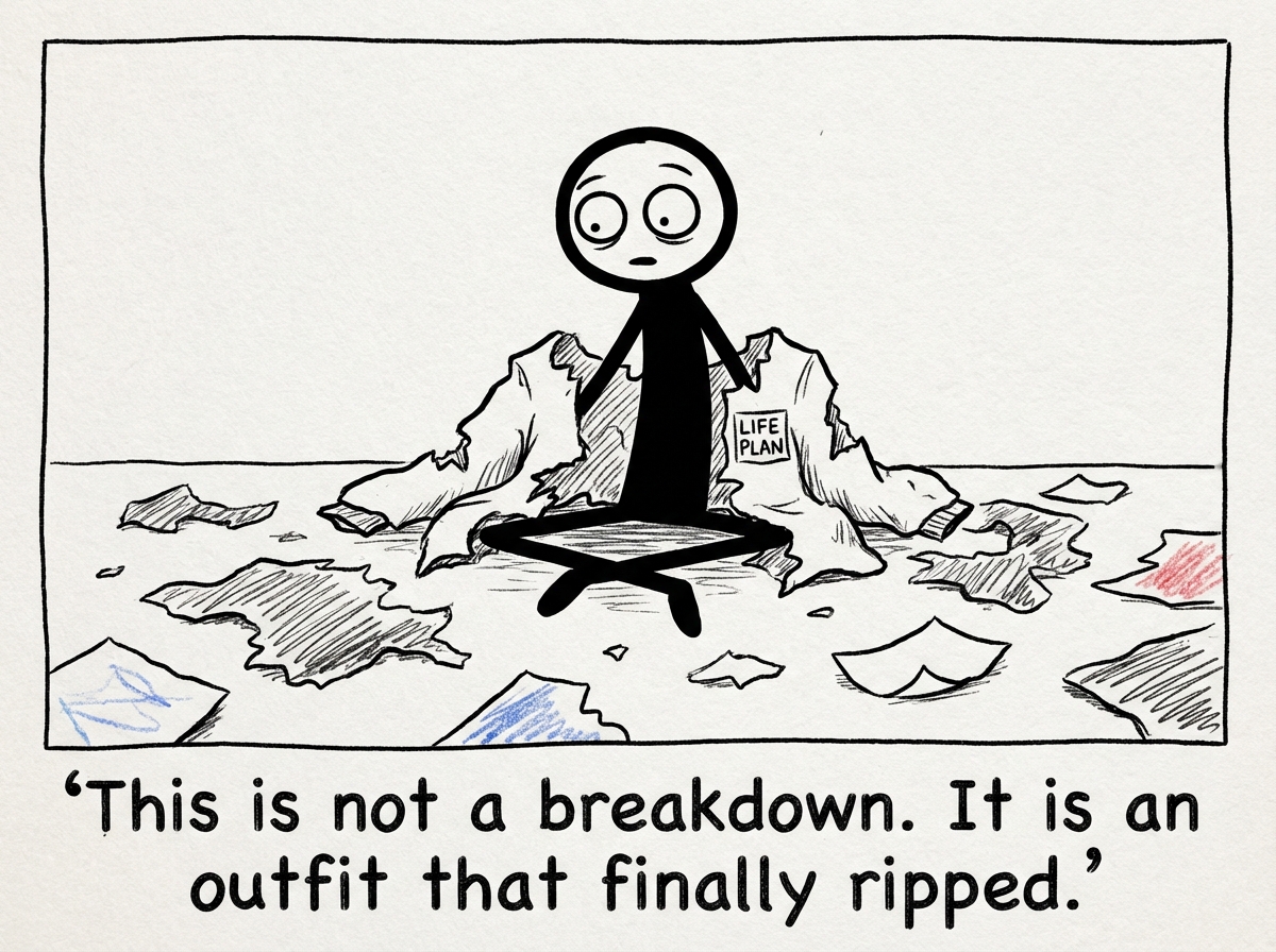 The stick figure sitting on the floor surrounded by torn fabric pieces labeled 'Old Goals,' 'Other People's Expectations,' and 'Who I Thought I Should Be' -- looking stunned and exposed in plain clothes underneath