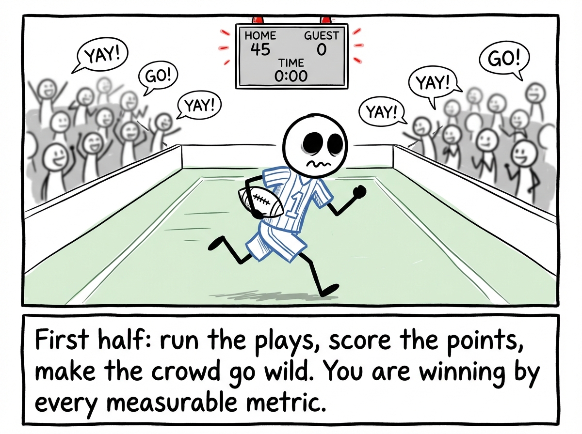 A stick figure in a sports uniform sprinting on a field, surrounded by cheering fans and a scoreboard showing impressive numbers, looking determined but hollow-eyed