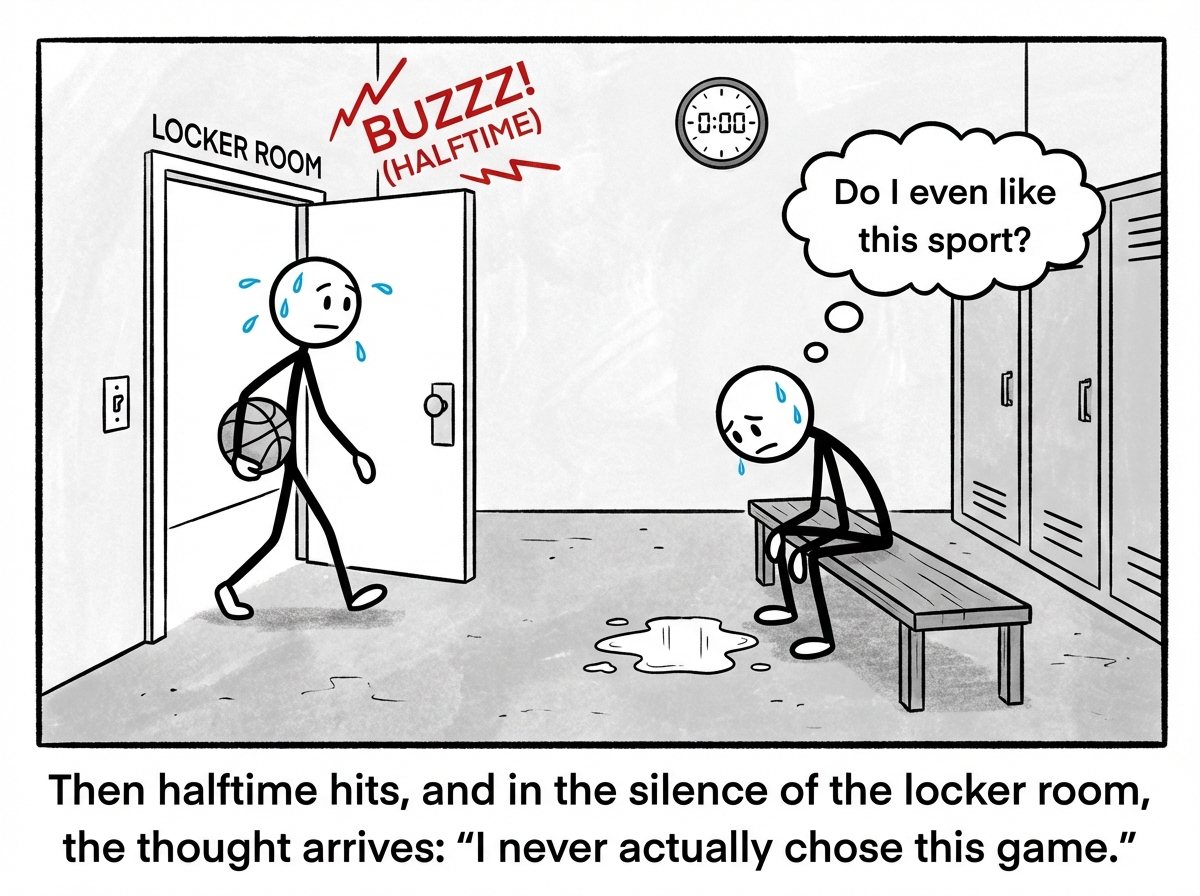 The halftime buzzer sounding as the stick figure walks into a locker room, sitting down on a bench alone, staring at the floor with sweat dripping and a thought bubble reading 'Do I even like this sport?'