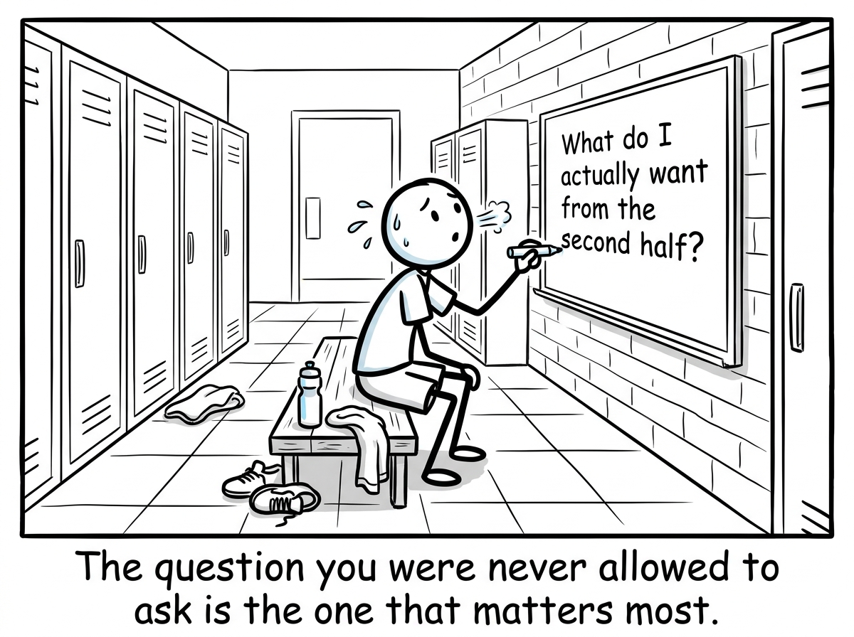 A stick figure sitting on the locker room bench, taking a breath, and writing on the whiteboard 'What do I actually want from the second half?'